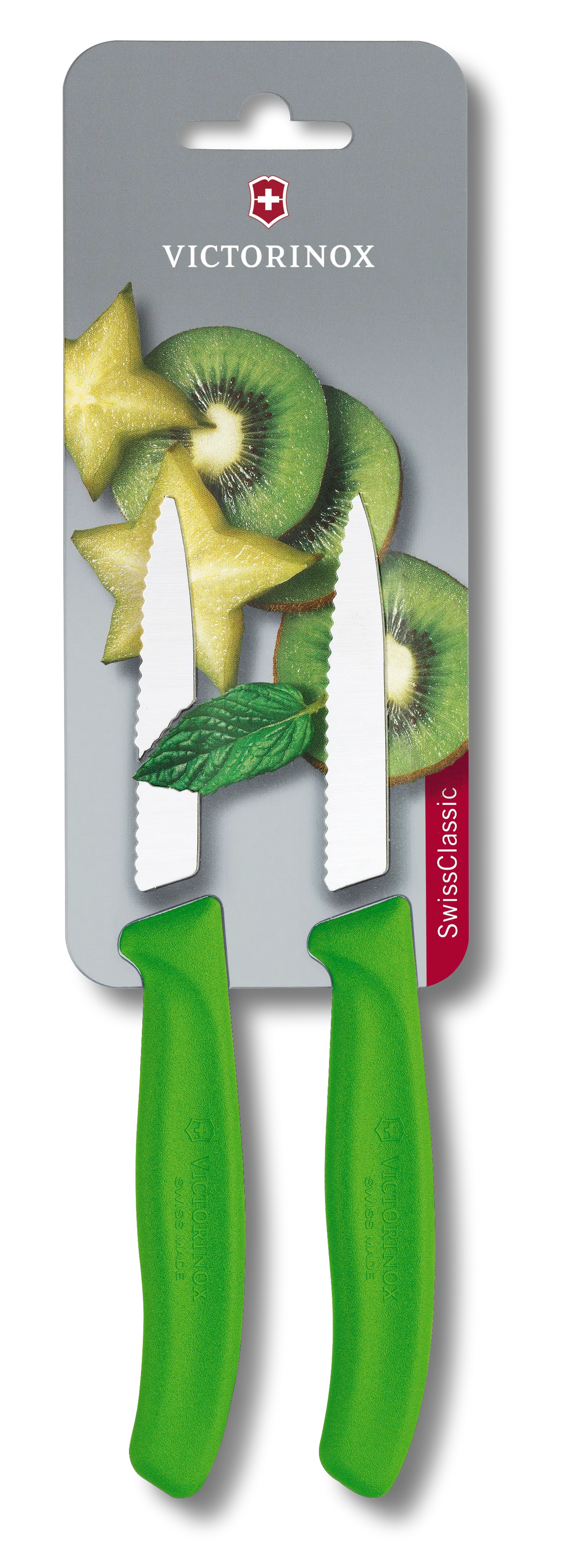 6.7636.L114B SWISS CLASSIC PARING KNIFE 2PCS 8CM WAVY  POINTED GREEN BLISTER
